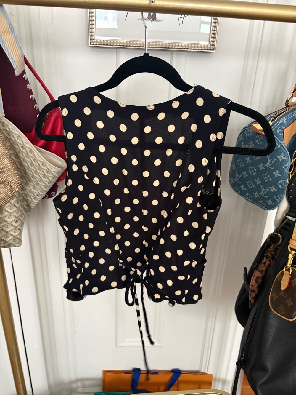 Betsey Johnson Black Vest Top with Cream Polka Dots and Tie-Back - Picture 2 of 2